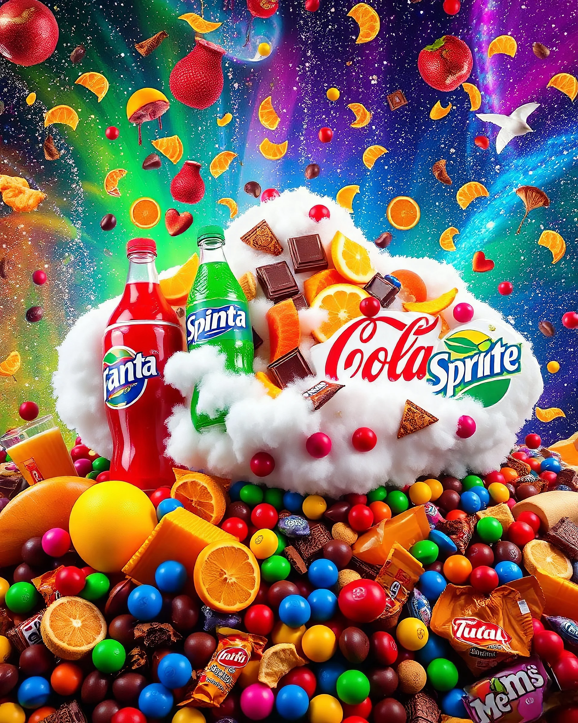 An image filled with Fanta, Coca-Cola, and Sprite soft drinks and a cloud made of chocolate, fruit juices, various fruits, fruit pieces, various chocolates from global brands, M&M chocolates, chips, snacks, and chewing gum in a psychedelic, colorful, and eye-catching space.