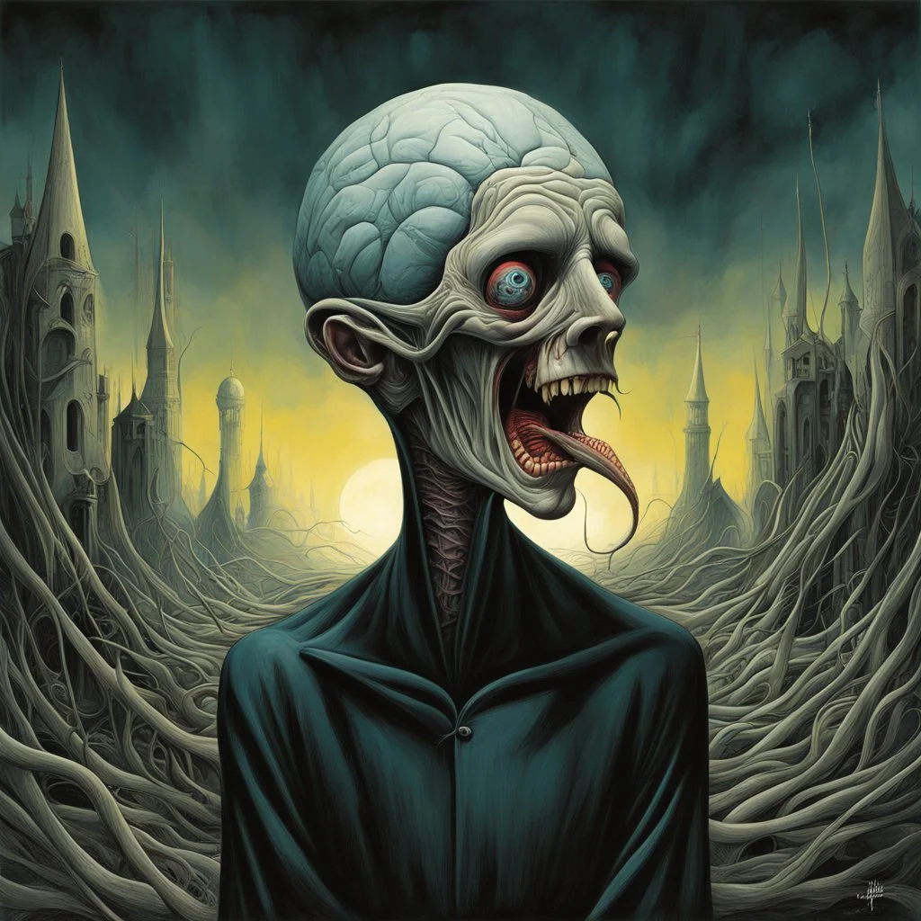 Mein Gehirn zum Kerker wird Ein kleiner Stich hat mich gelähmt, Der Schrei in mir unhörbar schweigt Und doch es wird., by Gerald Scarfe, by Dave McKean, by Dariusz Klimczak, asymmetric surrealism, sharp focus, nightmarish, dreamy colors,