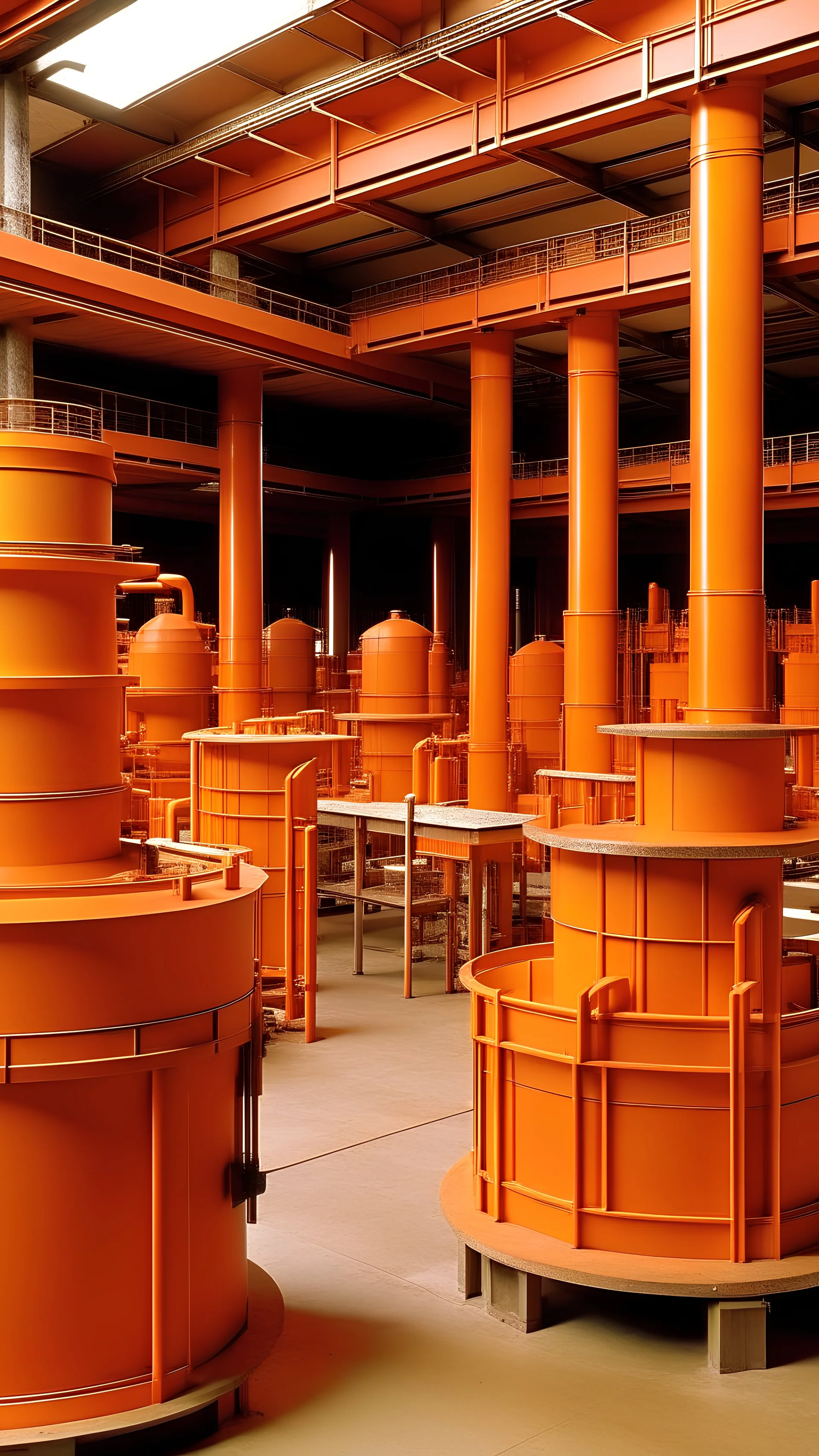 An orange factory with hammer machines painted by Frank Lloyd Wright