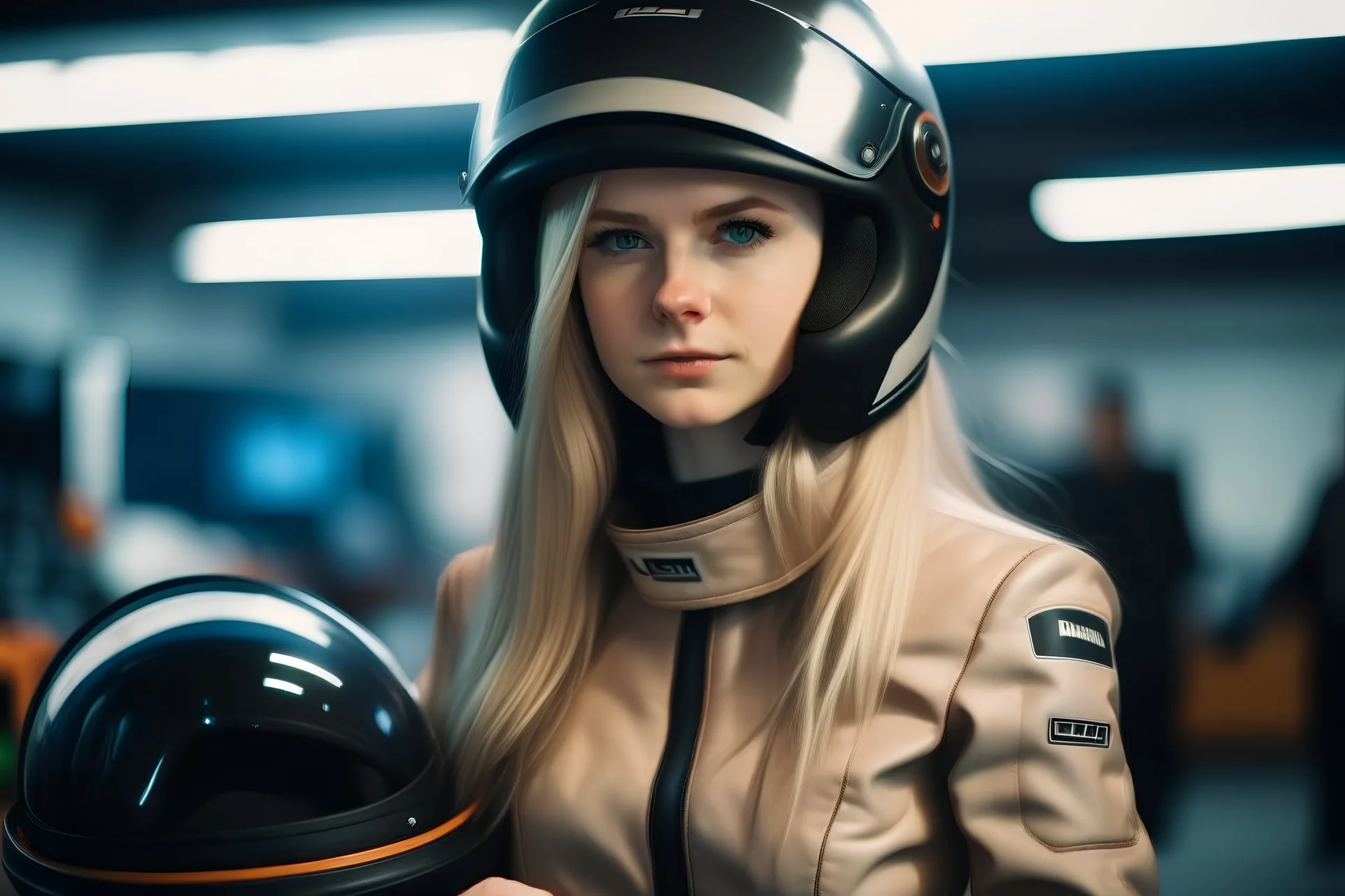 Russian girl, blonde hair, dressed in car racing suit, posing in photo studio, helmet on and open, racing pit background, looking at viewer, studio lights, photo taken with a Sony Alpha III camera, 50mm lens