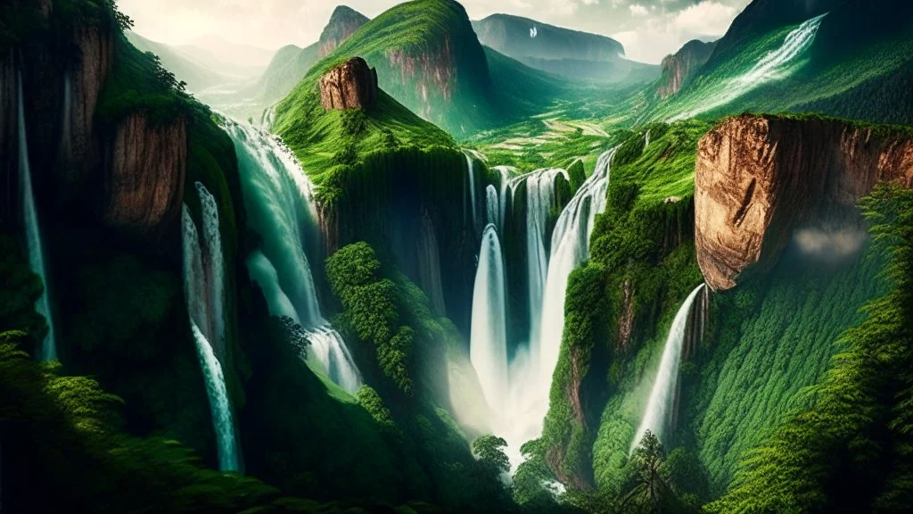 The image showcases a mesmerizing view of a massive waterfall cascading from the top of a mountain hill, with the waterfall soaring to a great height and flowing forcefully into the valley amid lush green trees and vegetation. The image reflects the beauty and power of nature and its enchanting impact on the surrounding environment, inviting viewers to explore these magnificent natural landmarks around the world.