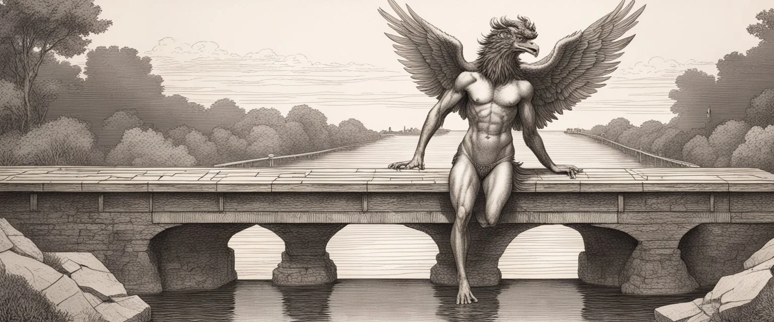 copper etching of psionic master griffin in threatening pose in swimsuit on stone bridge