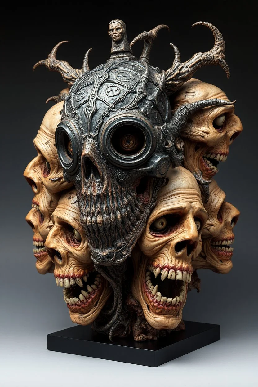 sculpture of dark side of a he man with iron mask . Multiple faces . decayed and rotting with grotesque proportions and imagery. abstract grotesqueries, detailed texture, surreal horror, biomechanical design, by hr giger and beksinski