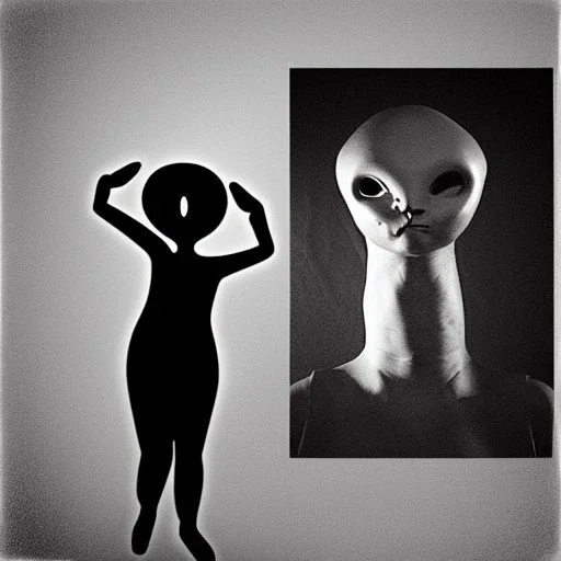 Creepy photo, balaclava alien, lady, dancing cat