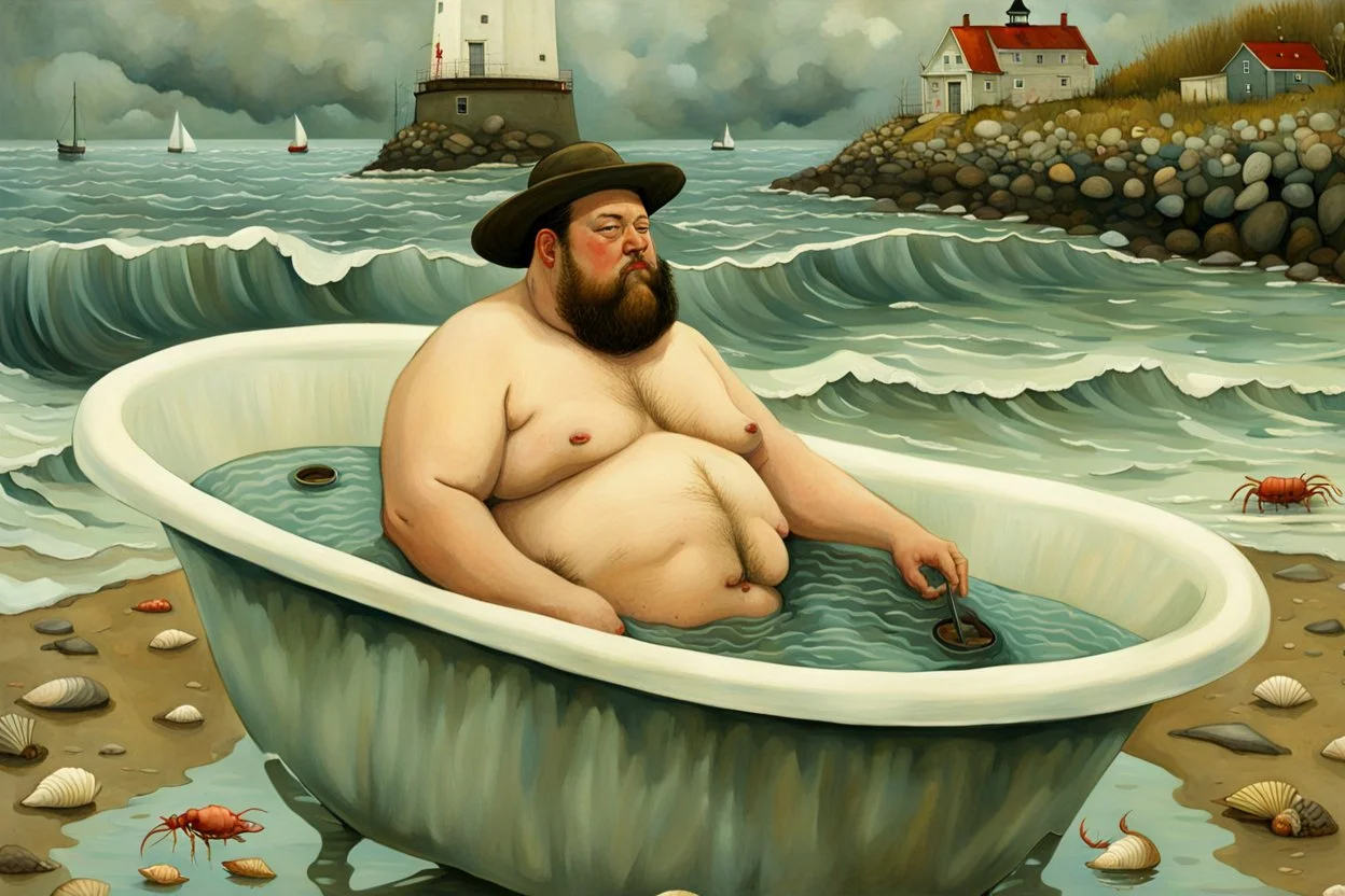 A fat man wearing a hat, is in a bath tub, by a light house, by andrea kowch, holding a umbrella, inspired by andrew wyeth. A rustic harbour, with ships docked is nearby. The Beach is covered with sea shells, crabs and lobsters.There are rain clouds and everything looks as if done in watercolors victo ngai, matisse, monet, catrin welz-stein, vladi