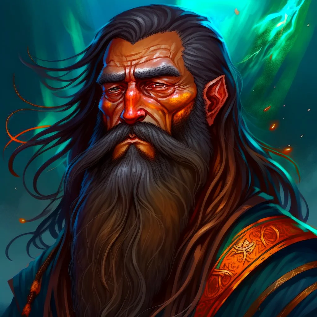 dnd, fantasy, wizard, portrait, face, close up, long beard, black hair, angular features, exotic features, long, slender