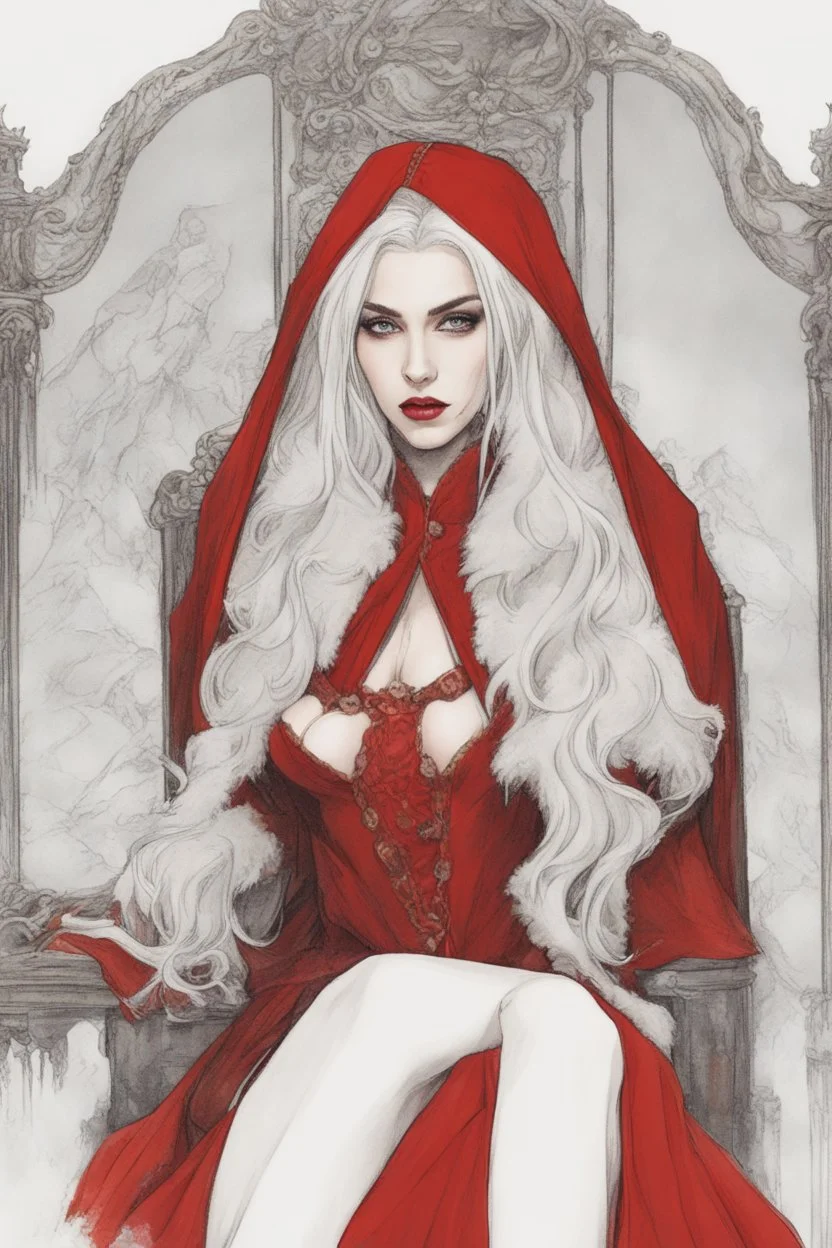 Beautiful white haired Vampire queen on her throne, drawing. Wearing a red cloak with a fur collar. Portrait