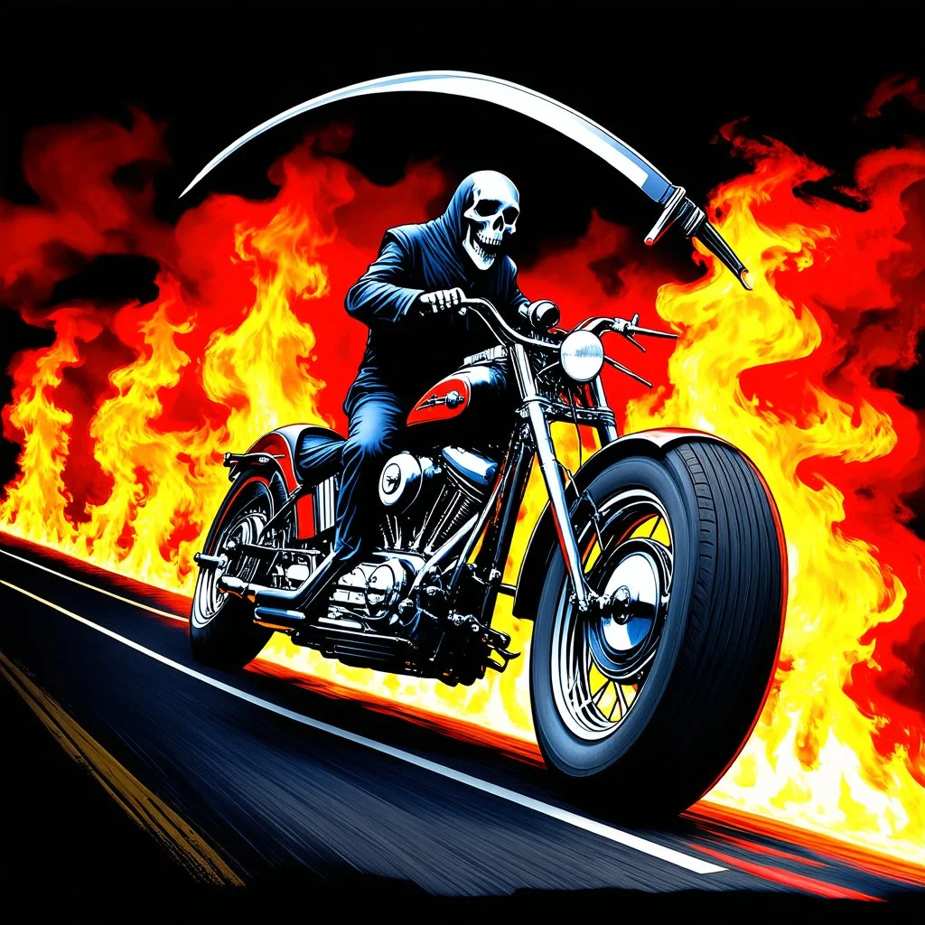 occultic Grim Reaper with scythe on a harley chopper with high handlebars speeding down a surreal burning highway, dark velvet poster, dramatic, horror poster, sinister, dark neon colors, fantastical, by Ed Big Daddy Roth