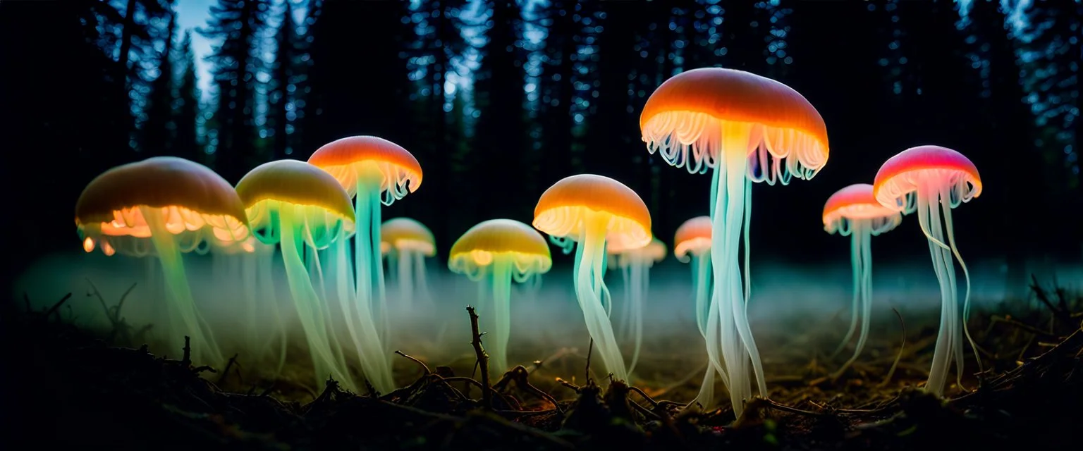 baby bio luminous Rainbow floating JellyFish Fungus, fungal, light floating in a forest, mist, light trails, nighttime,long exposure, Treeline, Alberta, scientist, Dystopian, Hyper detailed, Realistic, Extreme depth of field, bokeh blur, Alberta all-natural, National Geographic, in the style of candid, imperfection, natural lighting, cinematic, Fuji Film, Anamorphic lens, 2040s, --ar 4:5 --w 150 --style raw