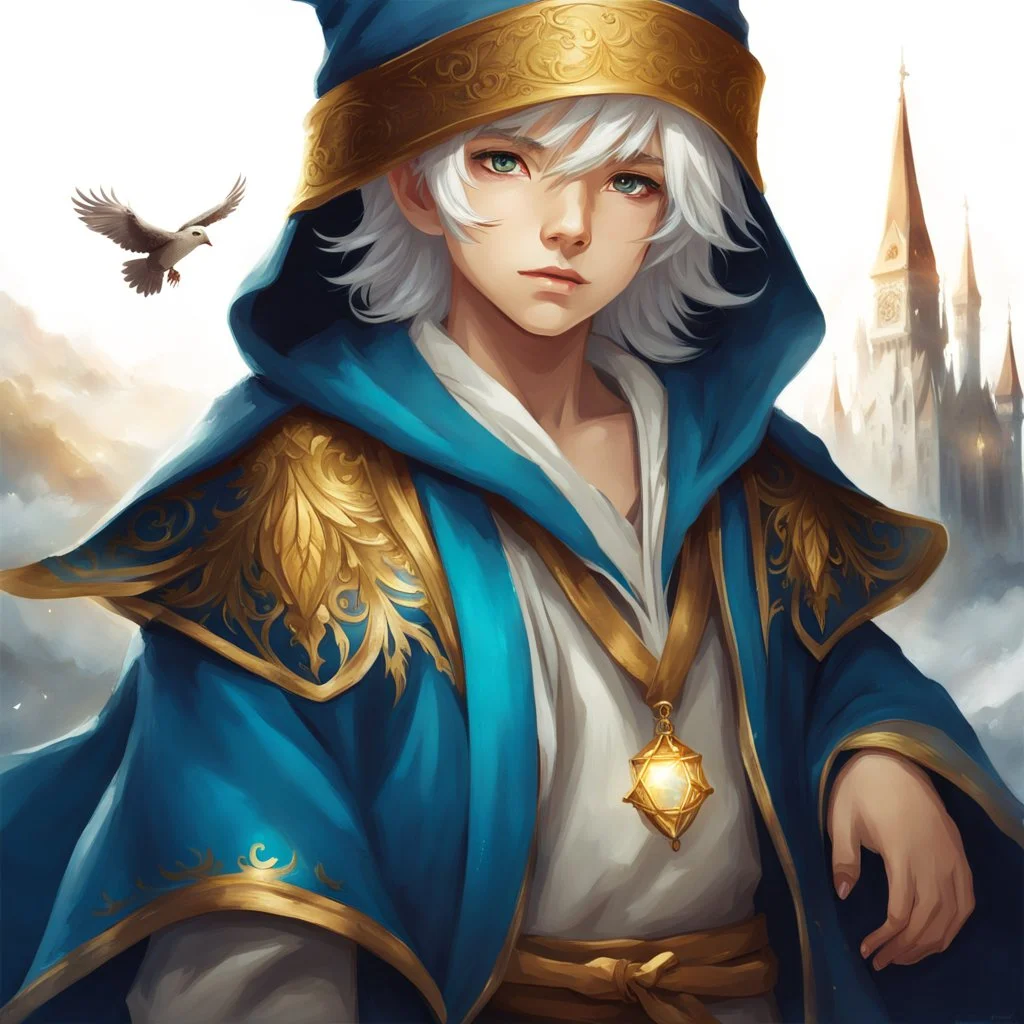 Fantasy World, A boy only wearing a closed wizards robe, and wearing a wizards hat. White Hair. Golden Eyes