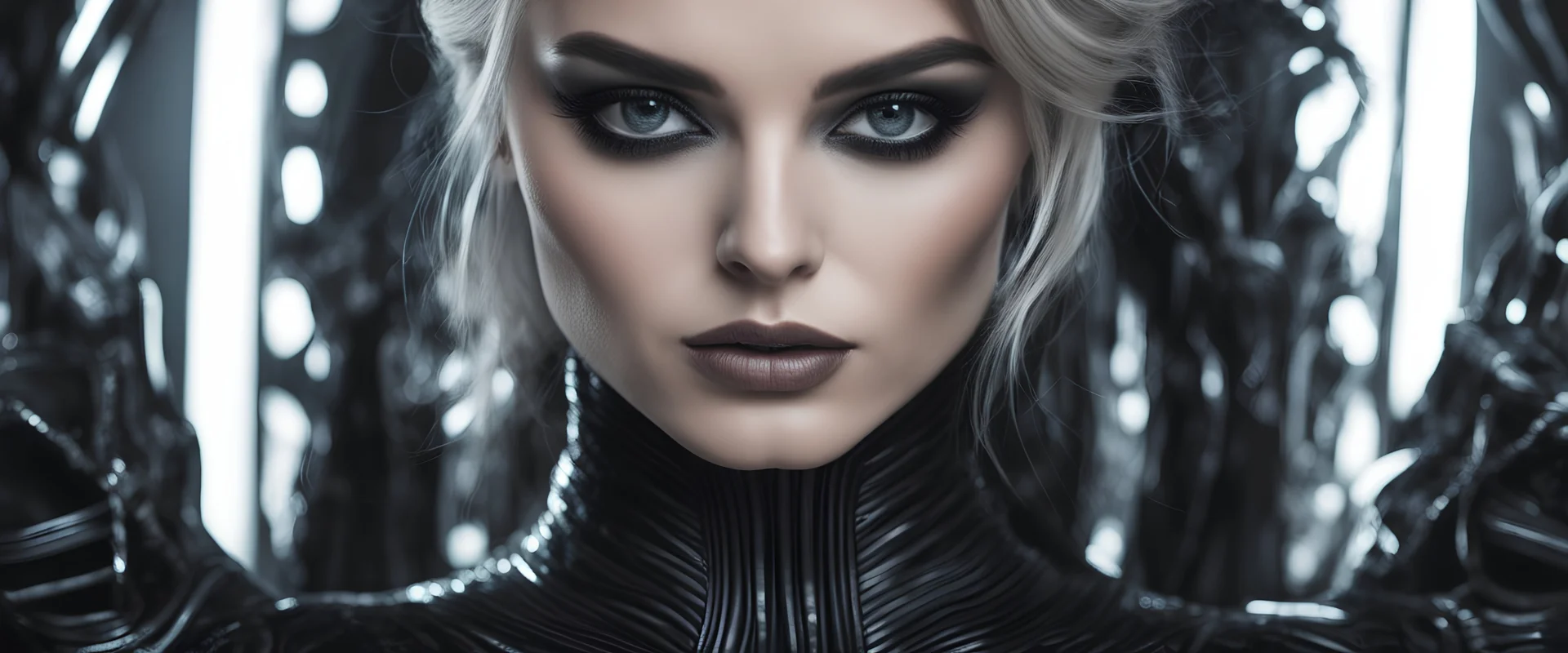 Cinematic close-up shot, taken from extreme low-angle perspective, focused on the eyes of a extravagant beautiful mystic suspense female model, posing Dominant feminine with powerfully tension, amazing candid fashion photo, all black leathers futuristic outfit, in the style of HR Giger, neoclassical, shallow DOF, perfect eyes, skin blemish, detailed skin,