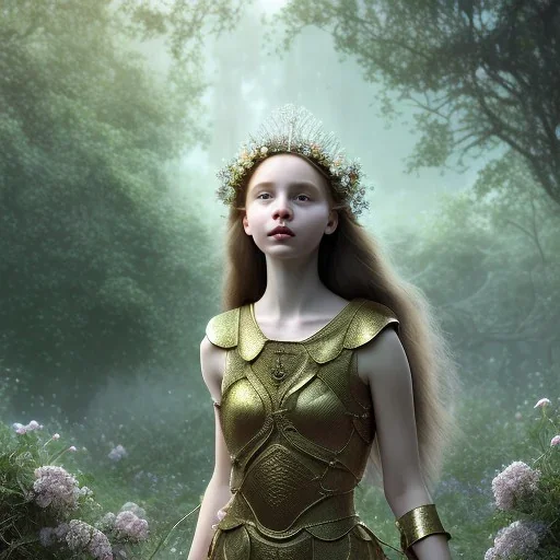 Young beautiful girl NEXT TO a majestic, stunning lion on nature forest path, floral crown on girl, Chronicles of Narnia, 8k resolution, high-quality, fine-detail, iridescent, intricate, digital art, detailed matte, volumetric lighting, beautiful, illustration, 3D octane render, brian froud, howard lyon, selina french, anna dittmann, annie stokes, lisa parker, greg rutowski,