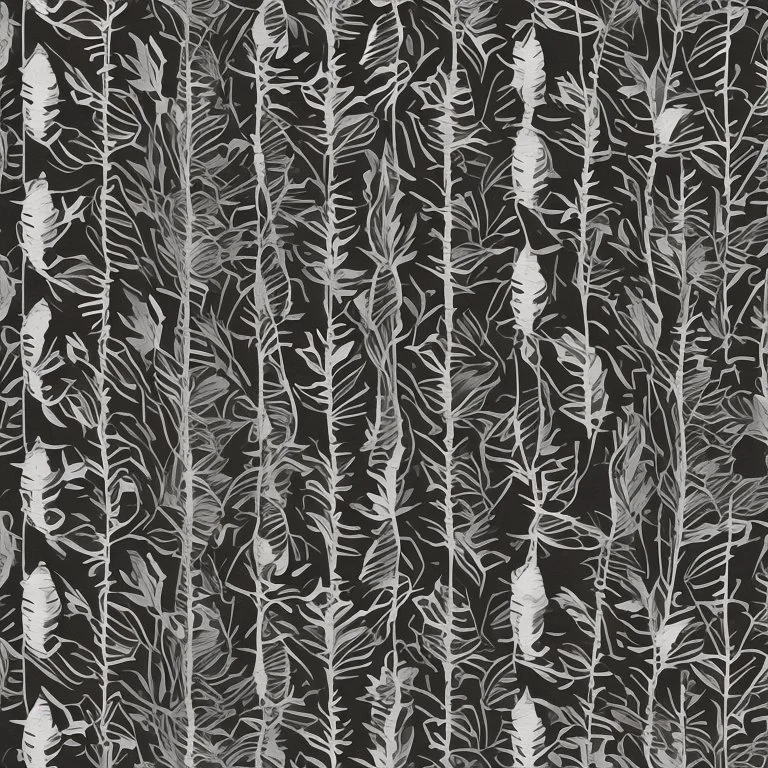 black and white banana leafs wallpaper pattern in vector lines, same line weight