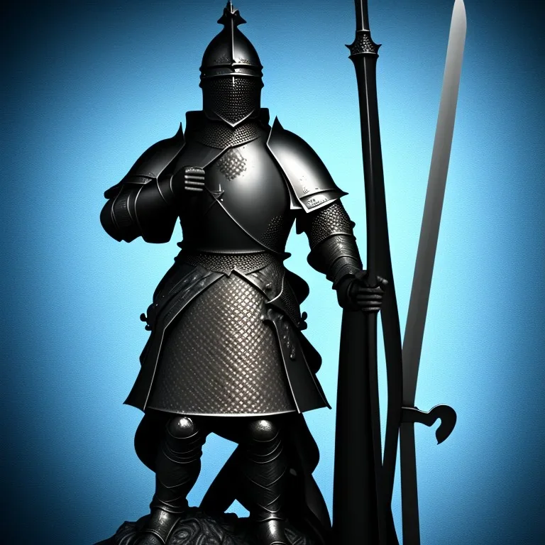 large black stone statue of a knight in a dark dungeon, holding a sword that's pointing up and glowing blue