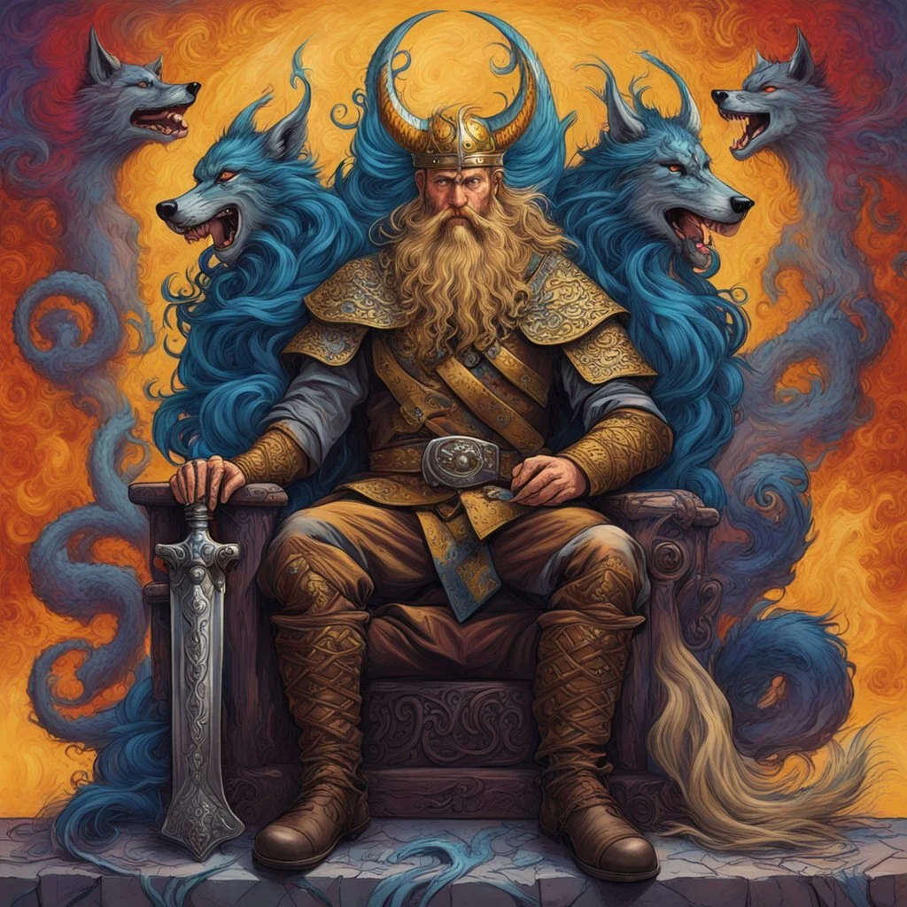 viking holger danske, transulent swirling beard and hair, his sword is golden, siting on his throne with wolfes on each side, alkohol ink, background swirley colorful with painted dragon on the wall, background colorful