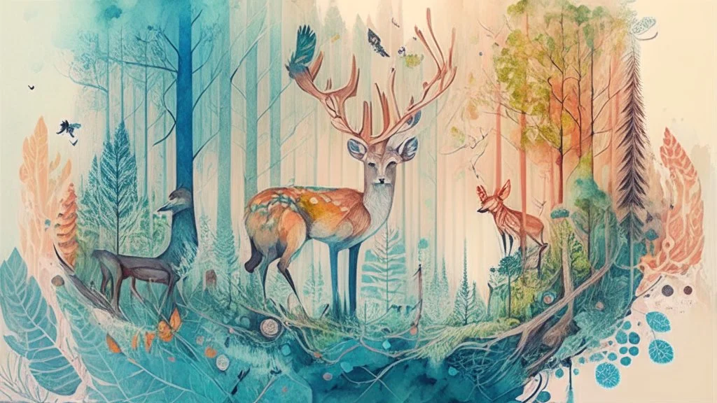 watercolor illustration, subject are forest animals, intricate details, environment is forest, simple and serene illustration, vivid colors.