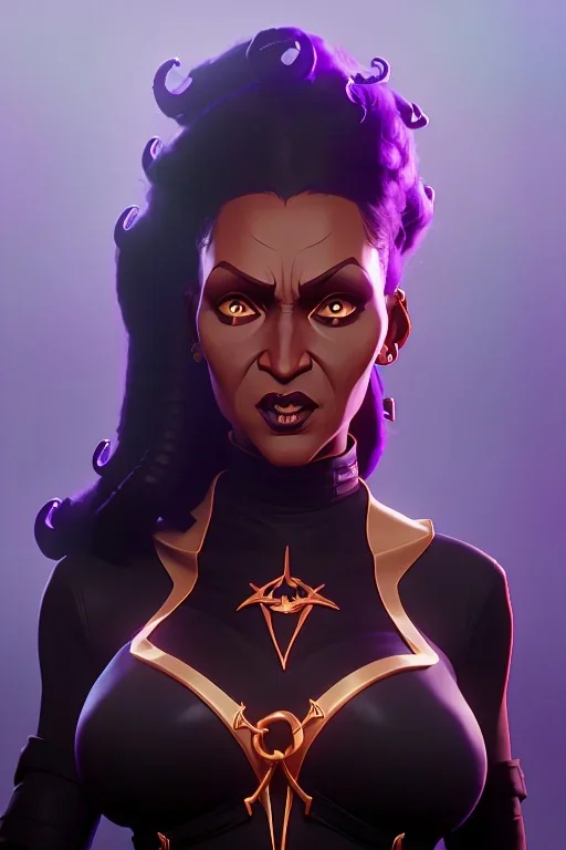 Pam Grier as evil queen in black leather, leather, busty, cleavage, angry, stern look. character design by cory loftis, fenghua zhong, ryohei hase, ismail inceoglu and ruan jia. unreal engine 5, artistic lighting, highly detailed, photorealistic, fantasy