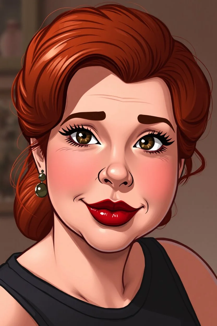 In a realistic, non-anime, cartoon style like: Portrait of 40-year old chubby redhead with thick red lips and smoky eyes with long lashes who looks like Jewel DeNyle
