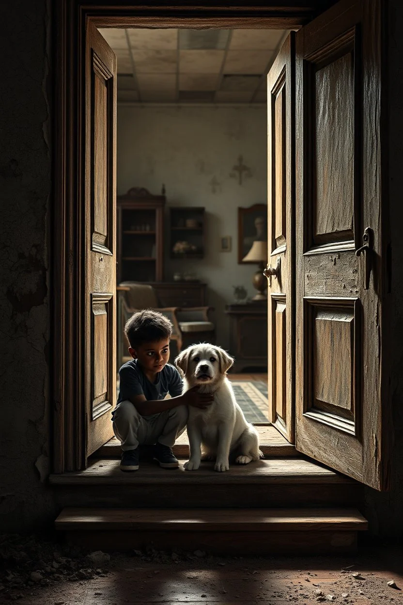 A black one years old boy and a white two years old boy , petting a small dog , sitting on the door steps of the an old paints cracked dirty abandoned house door , behind the open door there is a room with old womanfurniture , insanely detailed octane render trending on artstation, 8k artistic photography, photorealistic concept art, soft natural volumetric cinematic perfect light, chiaroscuro, award-winning photograph, masterpieces, oil on canvas, Raphael, Caravaggio, Greg Rutkowski, people,