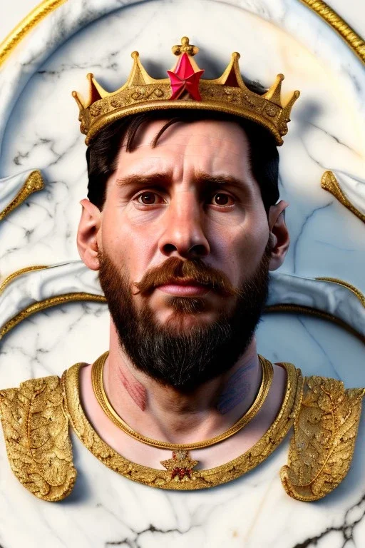 Realistic image, bas relief sculpture made in white marble with gold veins, Lionel messi with gold laurel leaves crown, decorative star on the chest, waist up portrait, marble material, gold ornaments, Baroque style, sun rays background, epic, celestial, cinematic lighting, God lights, 4k resolution, smooth details, soft lighting, unreal engine 5, art station, substance 3d.