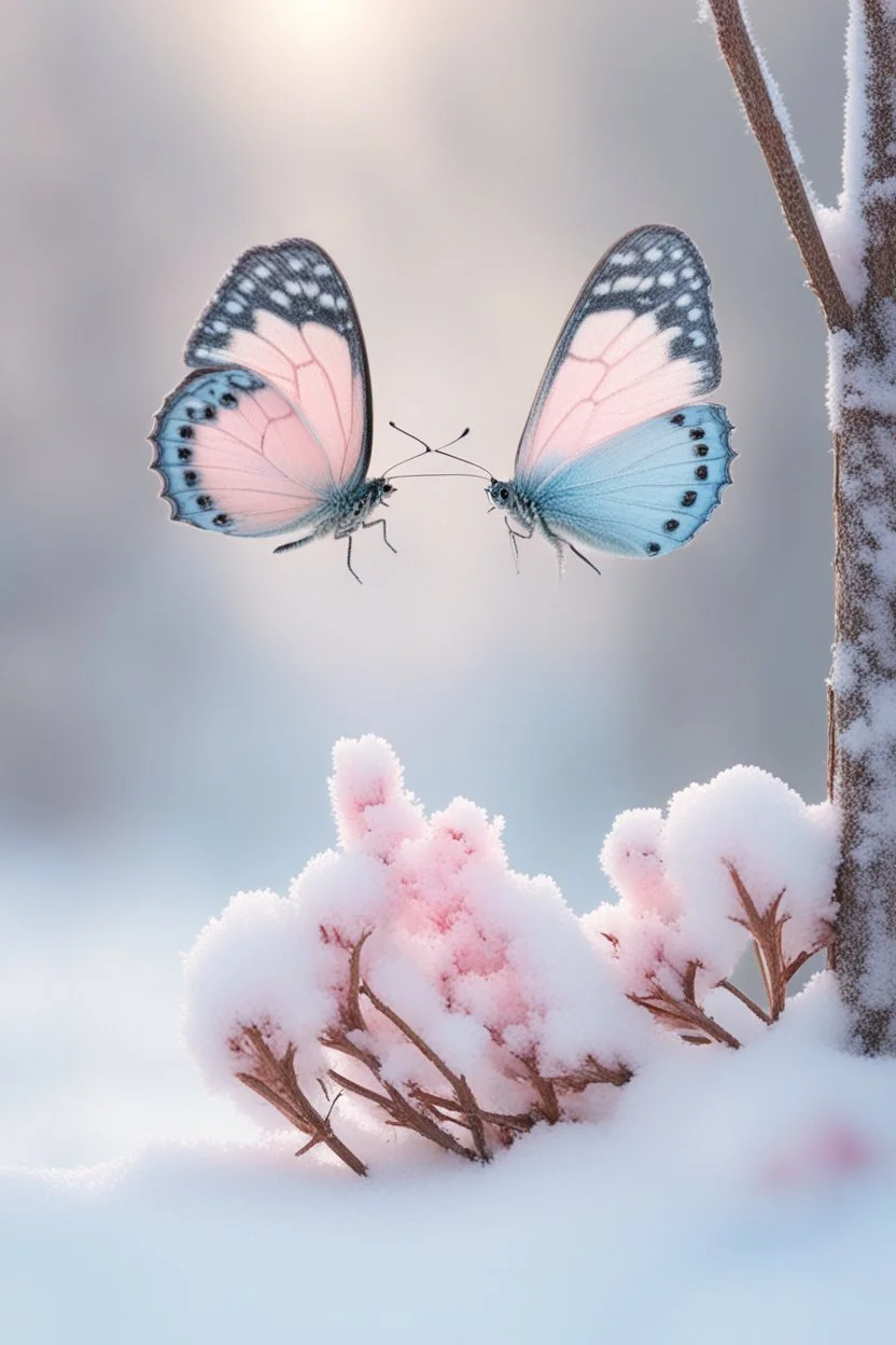 Light pink and light blue butterflies in the snowy winter