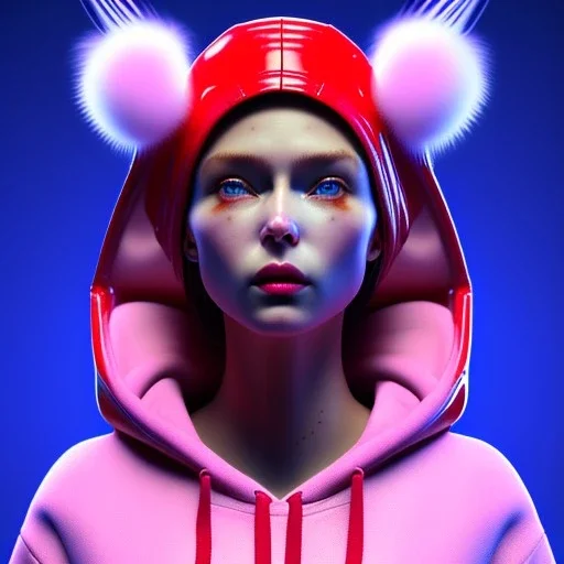 Russian woman, rounded face, bubble gum, purpurin made up, red, blue, pink, hoodie, feathers, latex, leather, soft color, highly detailed, art stations, concept art, smooth, unreal engine 5, god rays, ray tracing, RTX, lumen lighting, ultra detail, volumetric lighting, 3d, finely drawn, high definition, high resolution, neon background.