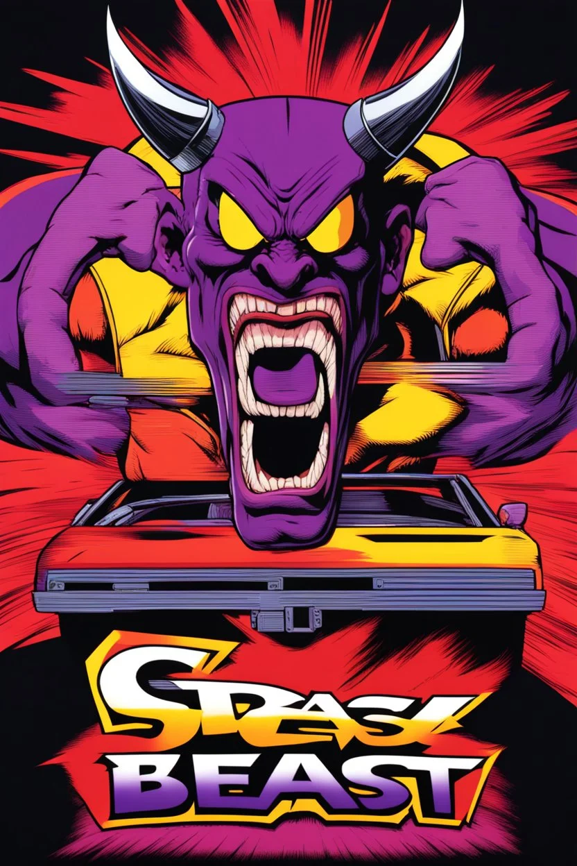mad crazy wild super head big title with movie poster title: Austin super beast, 90s style, angry fast, extreme, wild, so so so so angry, tough sexy red and purple background with 90s comic style slashes