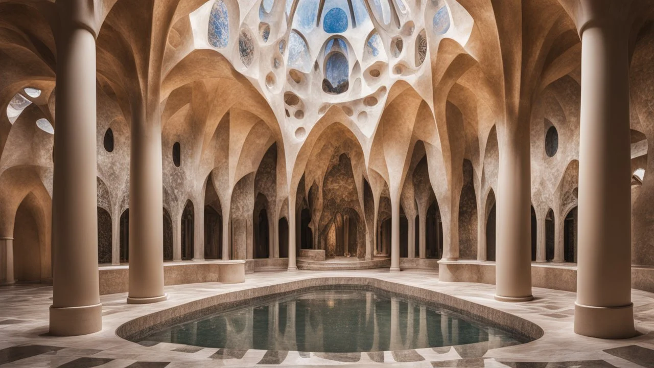 Style Antoni Gaudi, relaxation, luxury, dream world, calm beauty, symmetry, fantasy world, magic, beautiful composition, exquisite detail, 135mm lens