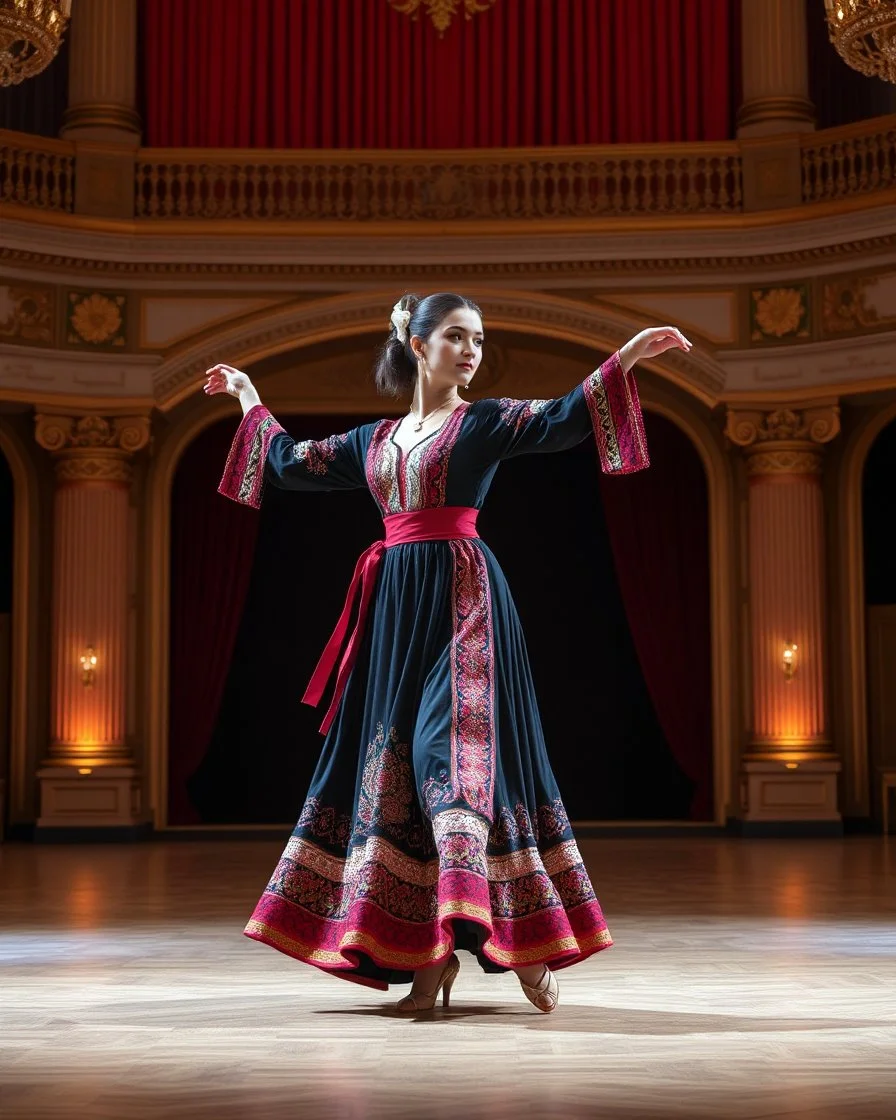 azeri female full bdy with traditional dance clothing in modern stage in a royal hall