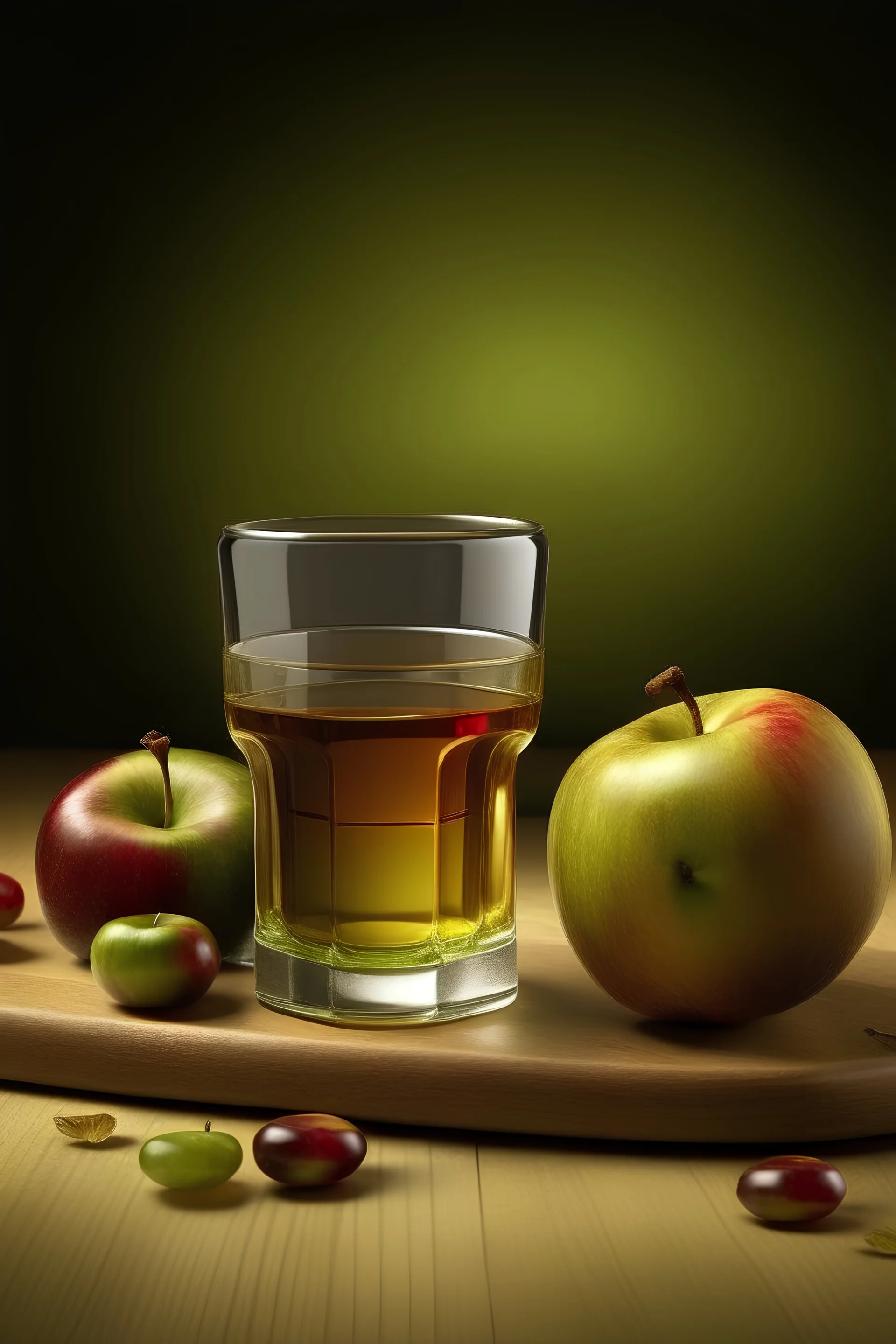 "Craft an image featuring a balanced composition of elements like apples, vinegar, and a shot glass, showcasing the precise and measured approach towards achieving mental stability through an Apple Cider Vinegar Shot."