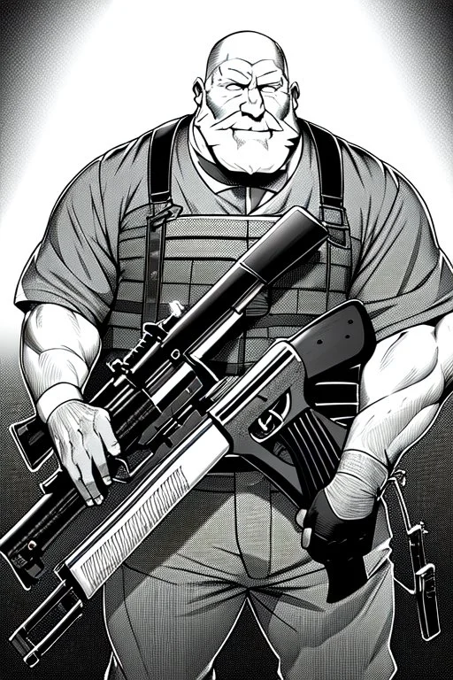 old man behind a bar counter holds a sawed-off shotgun, greyscale