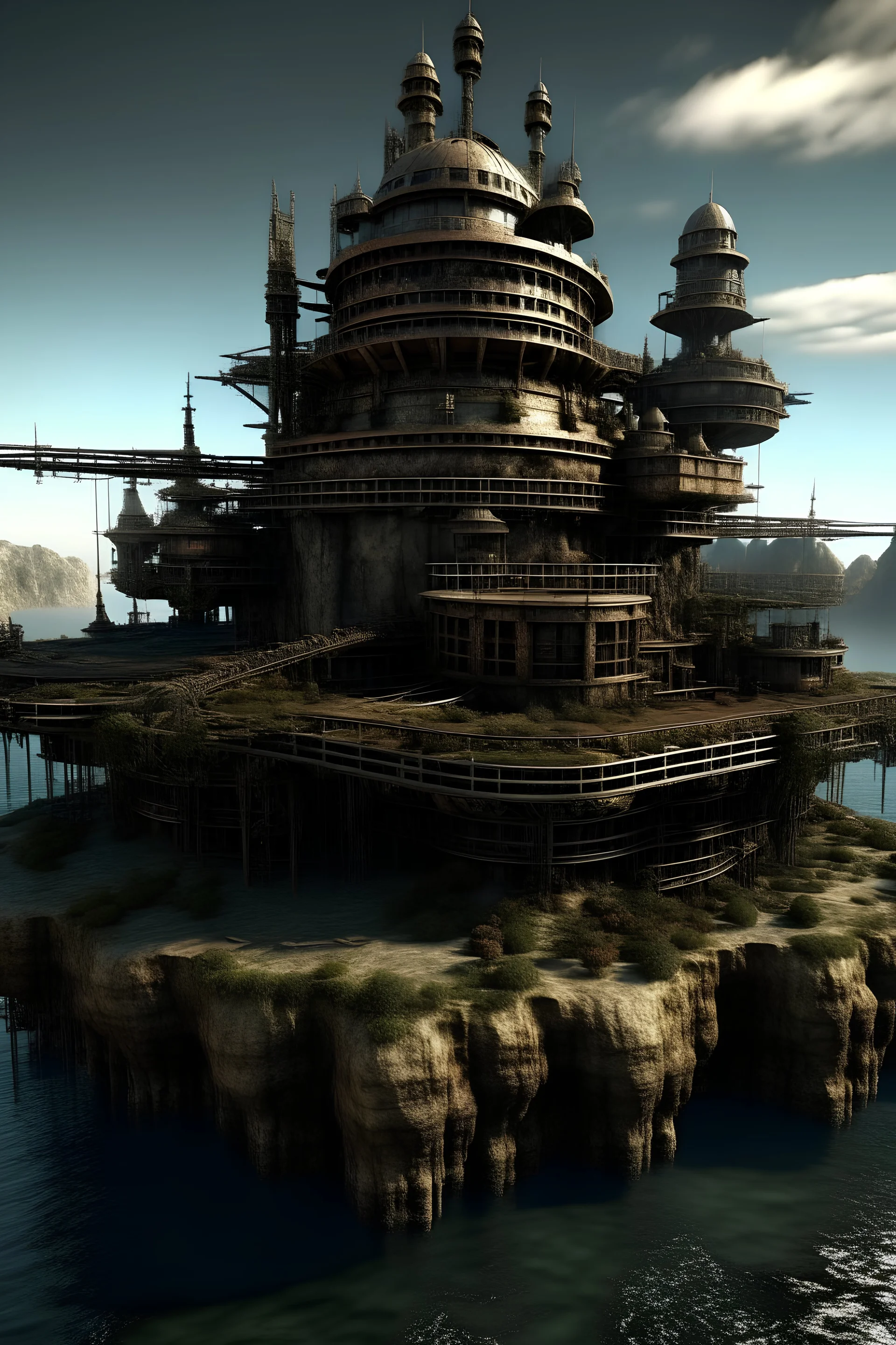 post apocalyptic steampunk castle on a floating island in an interstellar black hole