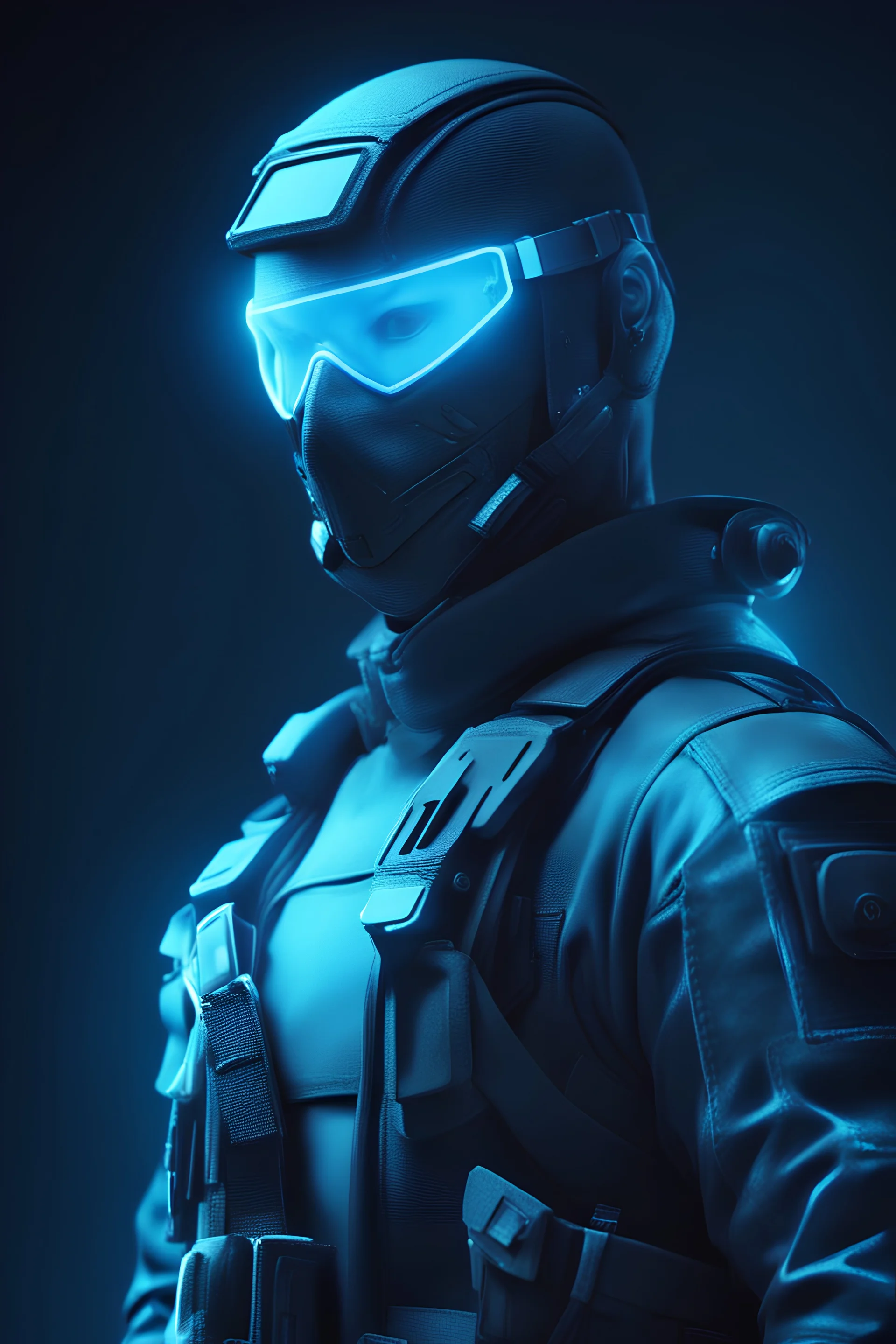 soldier with a mask , heroic stand, futuristic look, gentle blue neon touch