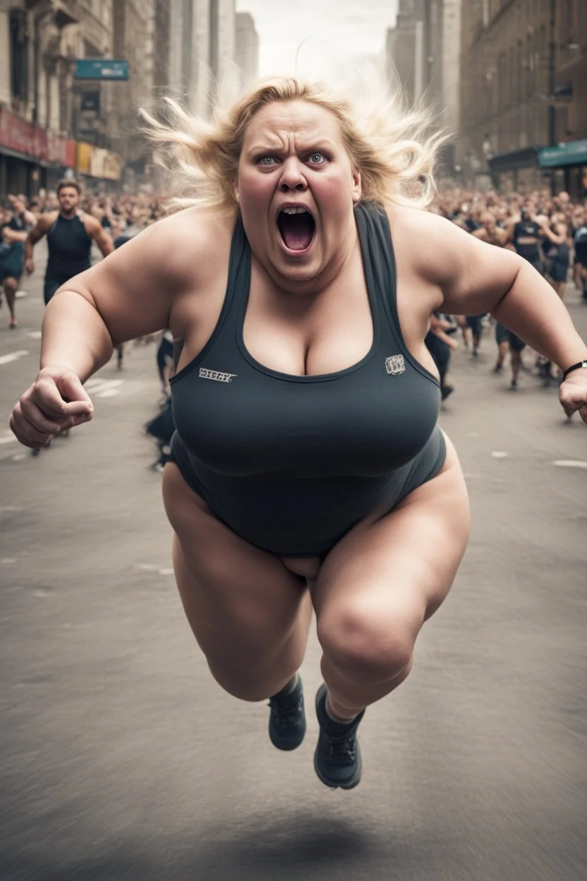 an obese terrified blonde woman in a crossfit outfit desperately running away from an angry mob of thousands of people chasing her down a city street while she is flailing her arms for dear life