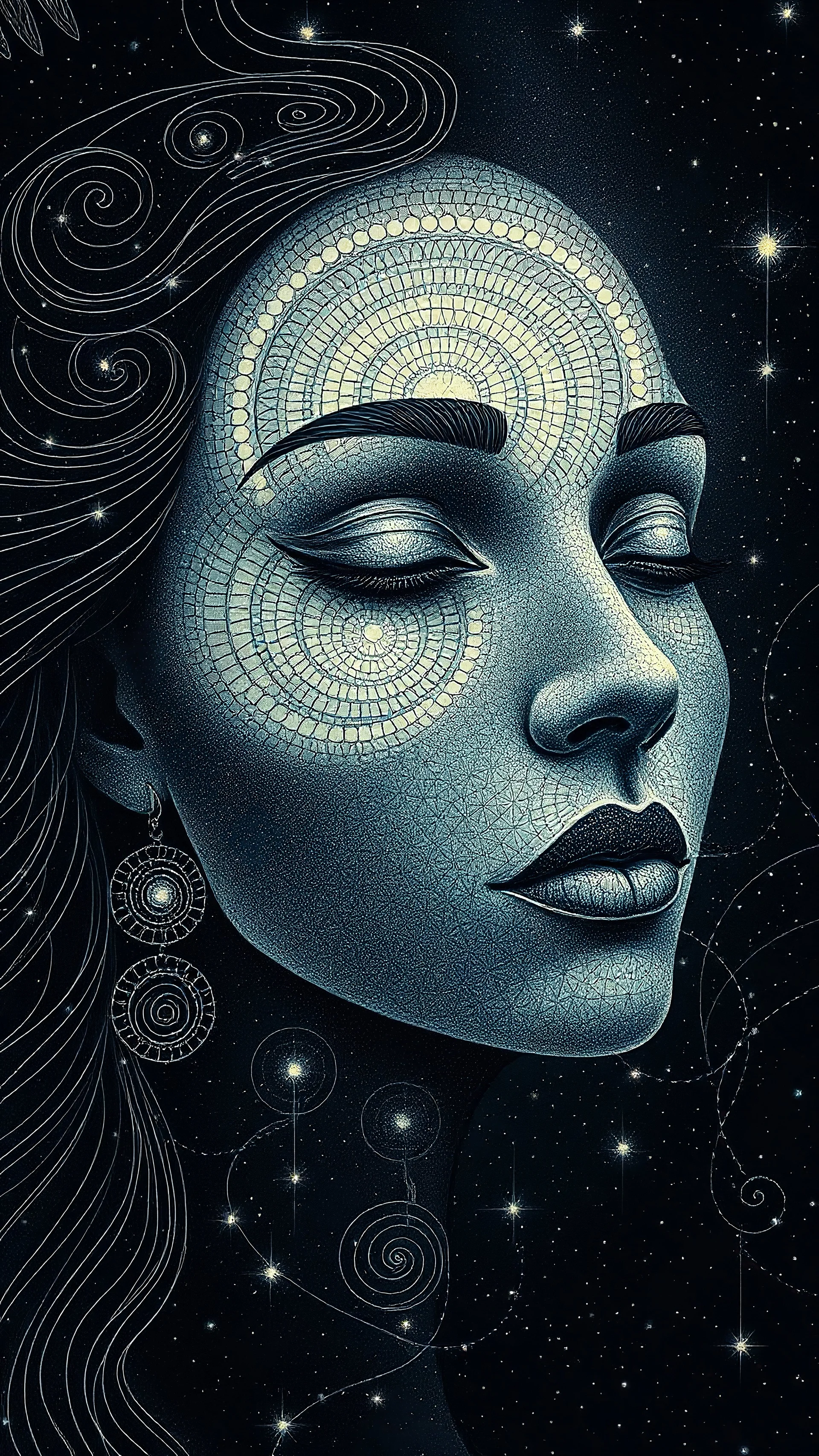 A celestial woman face void glowing with inner light from the depths of profound darkness. Her face skin doodle geometrical kusama and form are fragmented and transformed into a mesmerizing array of spiral formations: * Perfect **Fibonacci spirals** crafted from strands of pearlescent light form her nose bridge and eyebrows. * Tight **Archimedean spirals** unravel into the flowing rivers of her hair. * **Double Helix spirals** appear as her earrings and the patterns on her neck, symbolizi