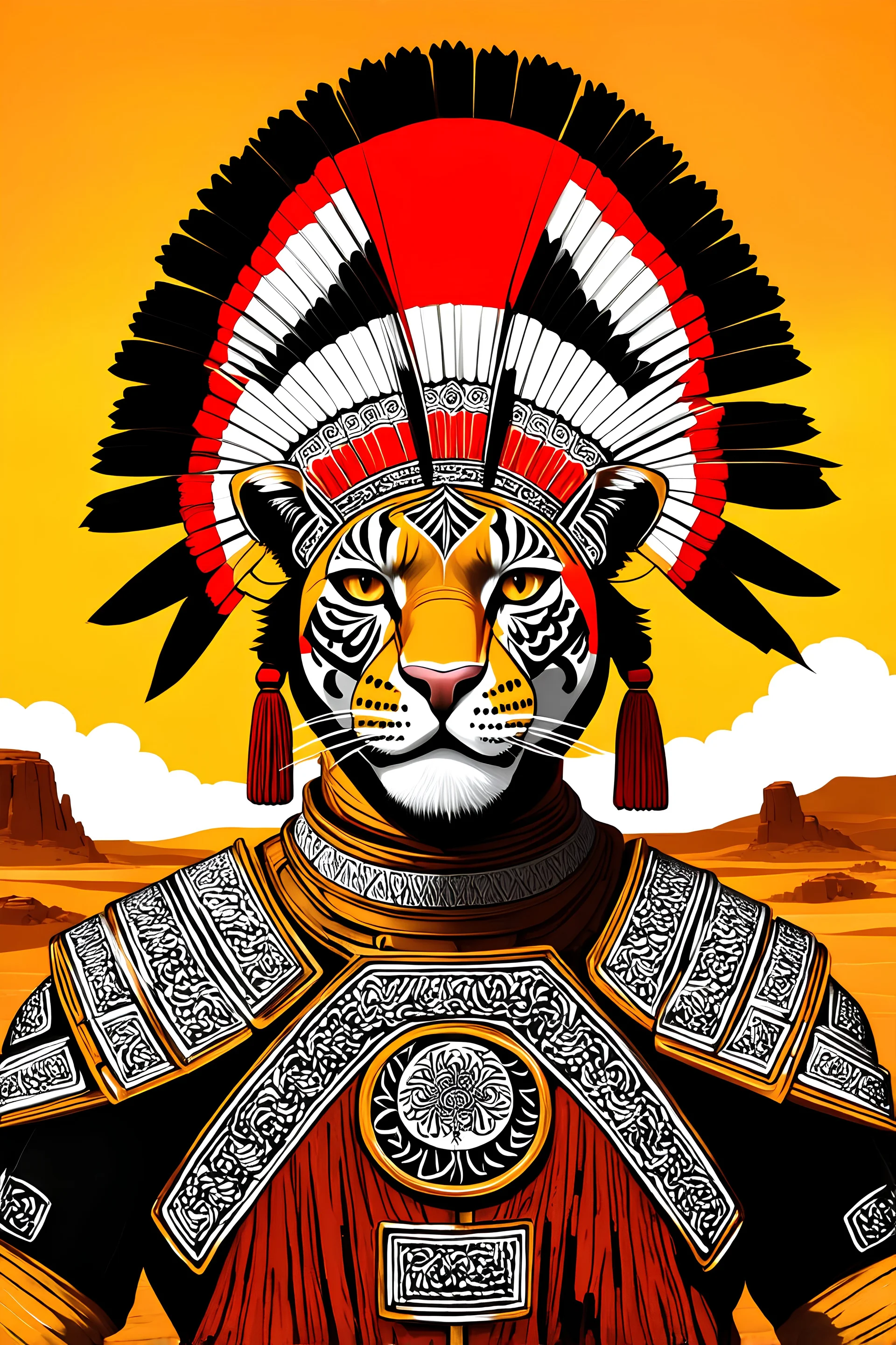 Striking portrait of Nantli warrior as anthropomorphic puma, adorned with intricately designed traditional armor and headdress. His face, painted with black and white patterns, radiates a fierce and determined expression. A red sun adorns his headdress, symbolizing strength and power. The background, a vast, golden desert landscape, with a sun setting behind some rocky outcrops. 8k