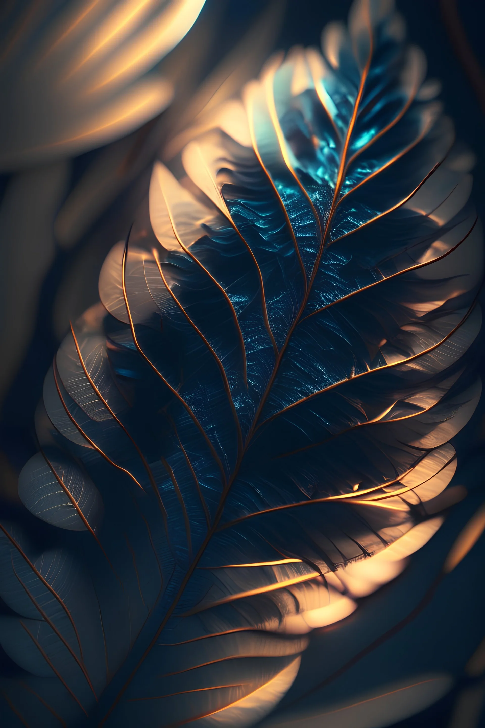 Leaves feather alien, unreal lighting, volumetric lighting, high contrasts, sharp focus,