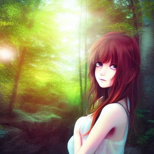 Insanely portrait of beautiful girl, beautiful face, sunny, relaxing, sea, trees, real details, hyper photo realistic, anime style, glowing forest, 8k