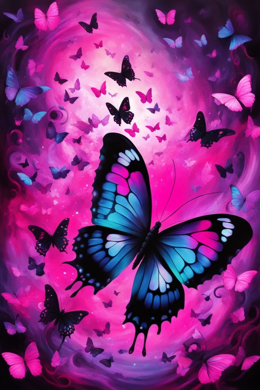 vibrant psychedelic oil painting image, airbrush, 64k, cartoon art image of background HOT PINK and BLACK BUTTERFLIES with music notes , futurism style