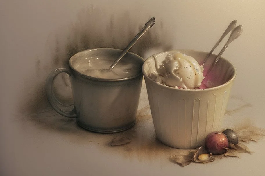 a cup of icecream, by Jean-Baptiste Monge, waterfall, reflection, sunrise, Misty morning smooth intricate high definition beautiful lighting pencil sketch watercolor polished warm light LNF double exposure S<AI grasshopper watercolor and ink, intricate details, fantasy, beautiful, award winning, colorful, fantastic view, crisp quality, in sunshine