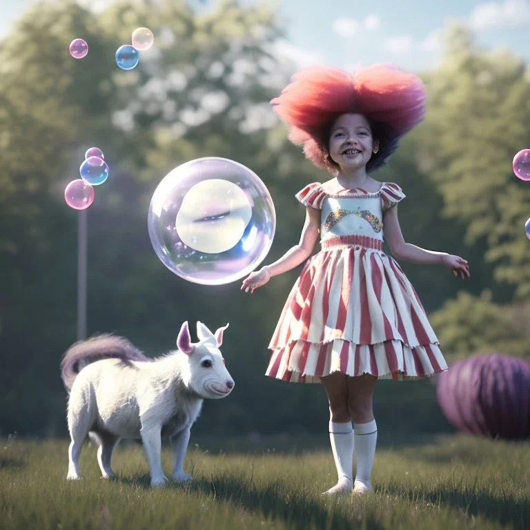 Ultra realistic circus scene. Sweet big hair monster. Child’s playing, smile, happy, color bubbles, smooth color, waist up view, Wes Anderson style, dark ambient, highly detailed, concept art, unreal engine 5, god rays, ray tracing, RTX, lumen lighting, ultra detail, volumetric lighting, 3d, finely drawn, high definition, high resolution.