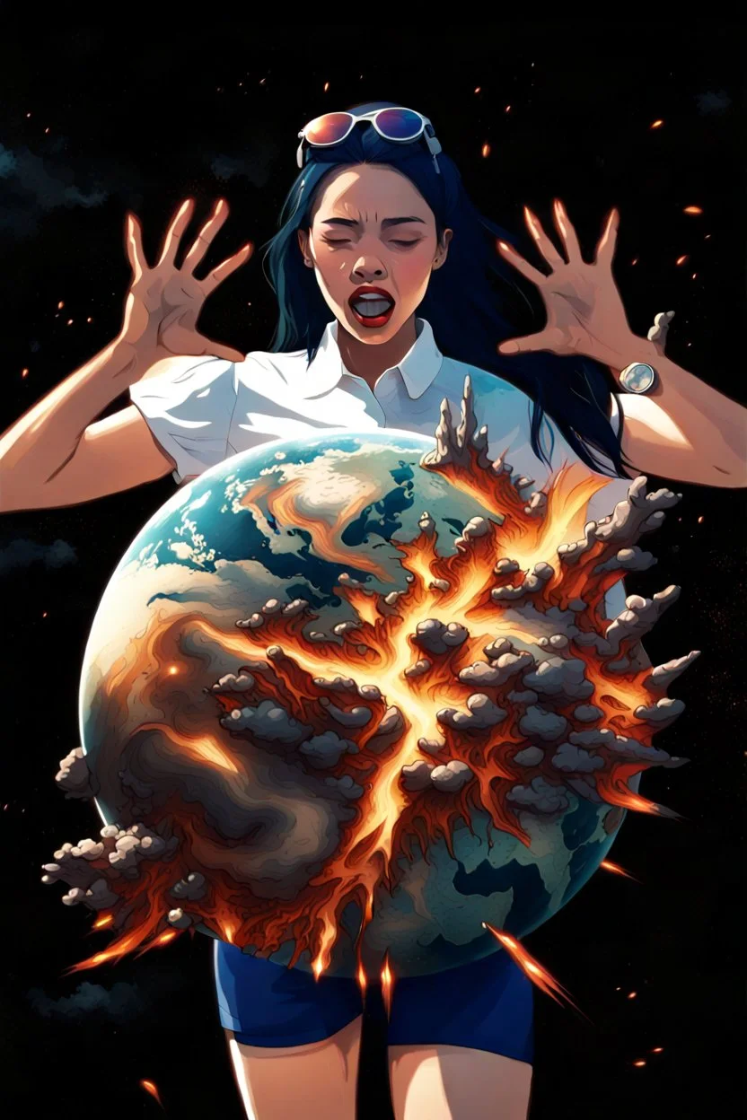 An image of a young woman with a surprised expression, holding her hands up as if she is reacting to a catastrophic event in front of her. She is wearing a white blouse with detail, blue shorts, and sunglasses pushed up onto her head. In front of her, there is a highly detailed planet resembling Earth, dramatically cracking and breaking apart with fiery explosions and molten lava visible at the fractures. Debris is flying outward from the planet. The background is a plain, solid color to emphasi