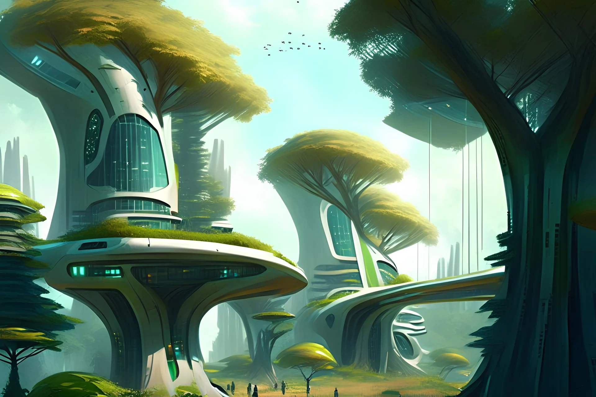 Futuristic buildings near the trees, sci-fi, concept art, claude monet influence, realistic painting