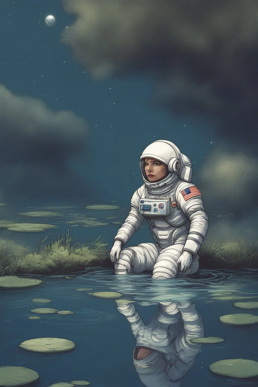 [scifi] A woman in spacesuit around a pond