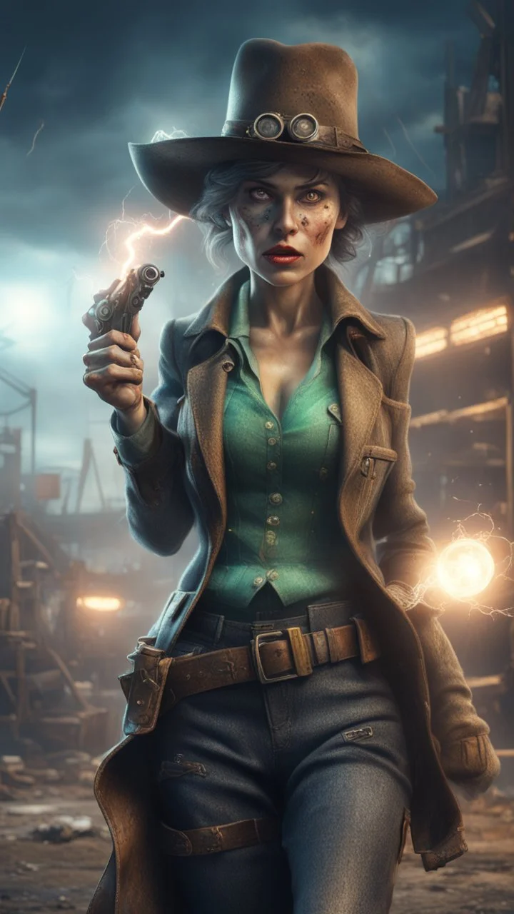 flashy magazine cover illustration, fallout 4 docks setting, horror weird cowboy wizard alien in female garments,spinning revolver, getting hit by lightening electric arc, with big disturbed eyes,bokeh like f/0.8, tilt-shift lens 8k, high detail, smooth render, down-light, unreal engine, prize winning