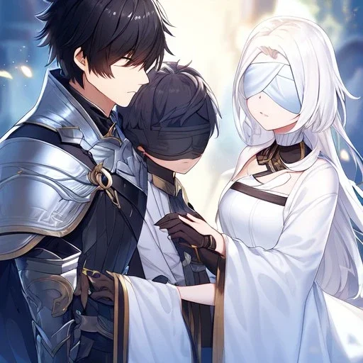 Girl with white hair wearing white robes and a blindfold. Boy with black hair wearing leather armor