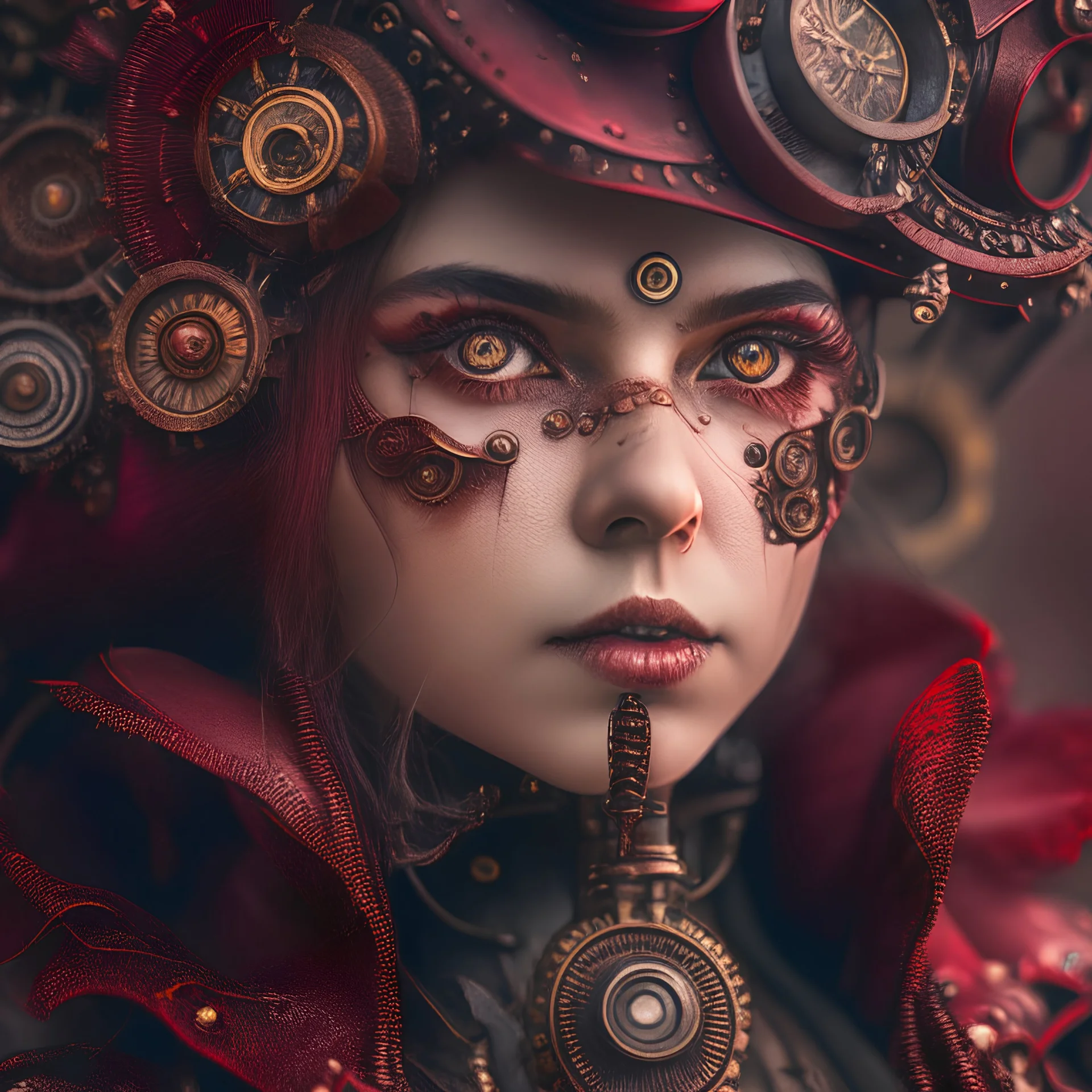 steampunk girl, intricately detailed, darkred tones, 8k, macro photography,