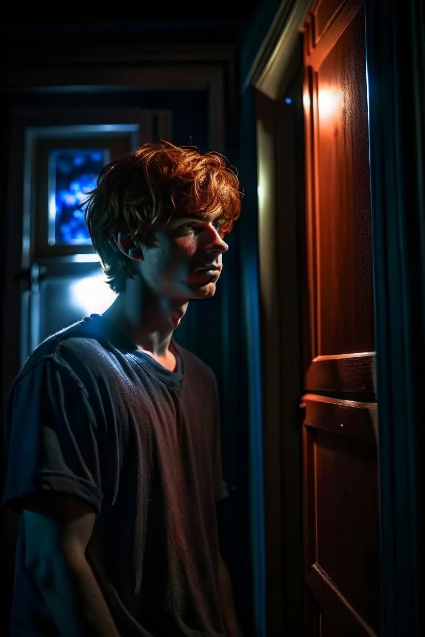 A profile photo of a handsome teen boy, wearing underwear, standing in an empty doorway, night scenery behind, full moon in the sky, messy red hair, warm indoor lighting, cinematic photography, high resolution, high quality, highly detailed.