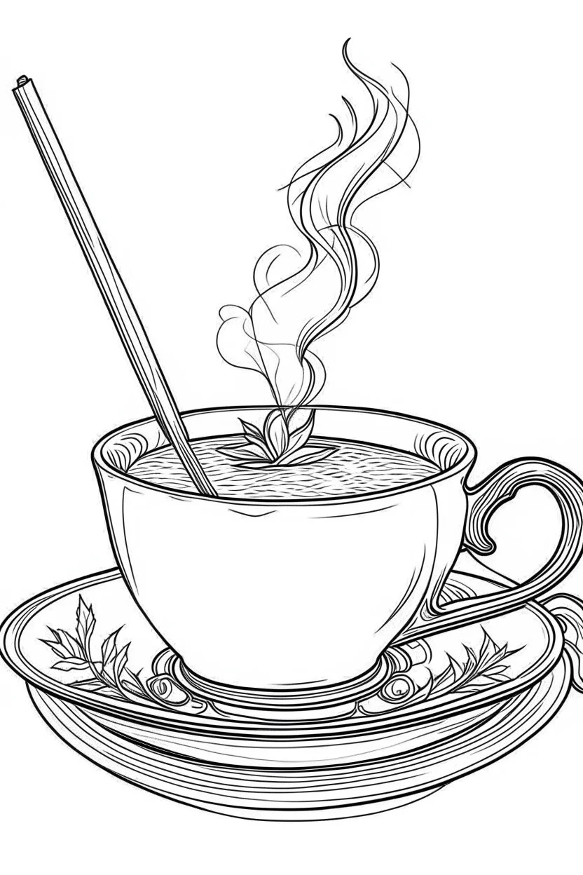 Outline art for coloring page, A SHORT LIT CIGARETTE JOINT LYING HORIZONTALLY ON A TEACUP SAUCER. A JAPANESE CHAWAN TEACUP. , coloring page, white background, Sketch style, only use outline, clean line art, white background, no shadows, no shading, no color, clear