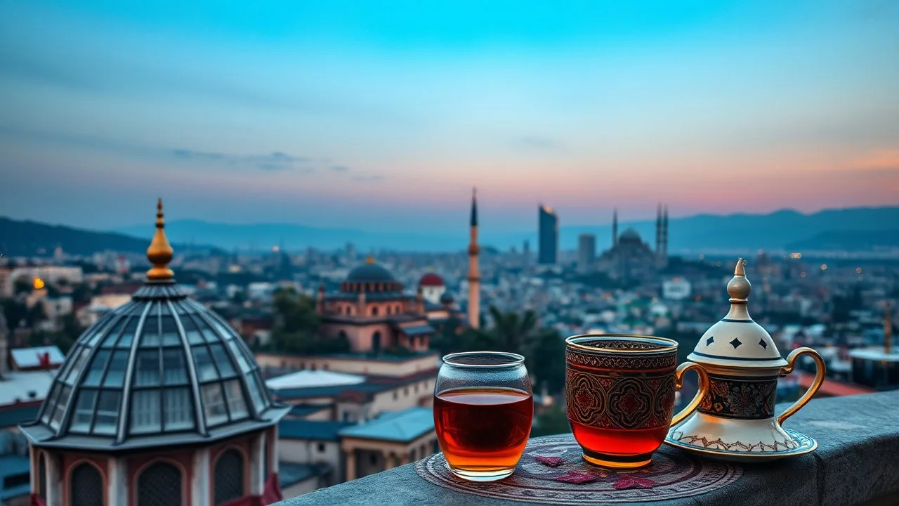A symbolic image showing Turkey's culture as a bridge between Europe, Asia, and the Orient. Combine old and new: traditional domes, oriental ornaments, and tea with modern skylines and distant landscapes. Warm light, rich colors, harmony between tradition and modernity, no people, no text.